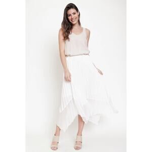 White Pleated Midi Skirt Asymmetrical Hem